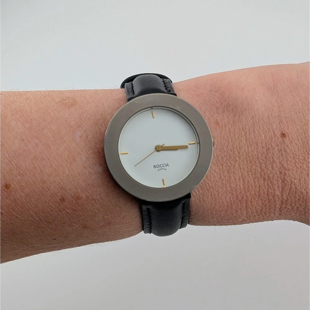 Boccia Titanium Swiss Quartz Minimalist White Dial Black Leather Watch 33mm
